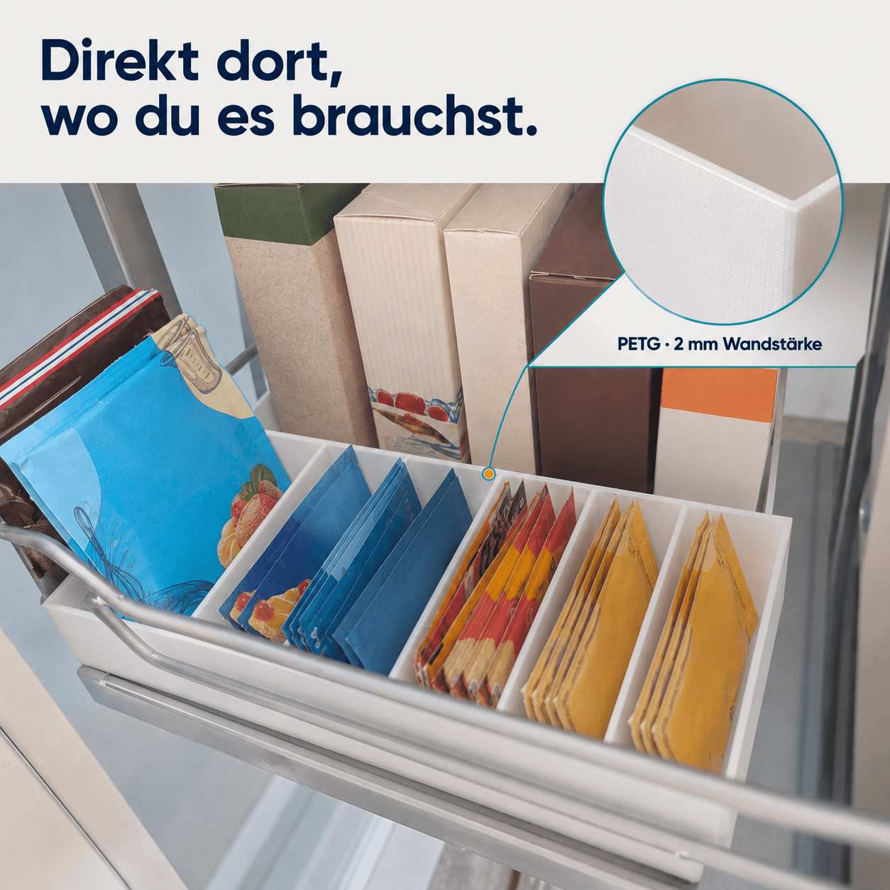 Sortierkasten für Backzutaten-Tütchen im Einsatz