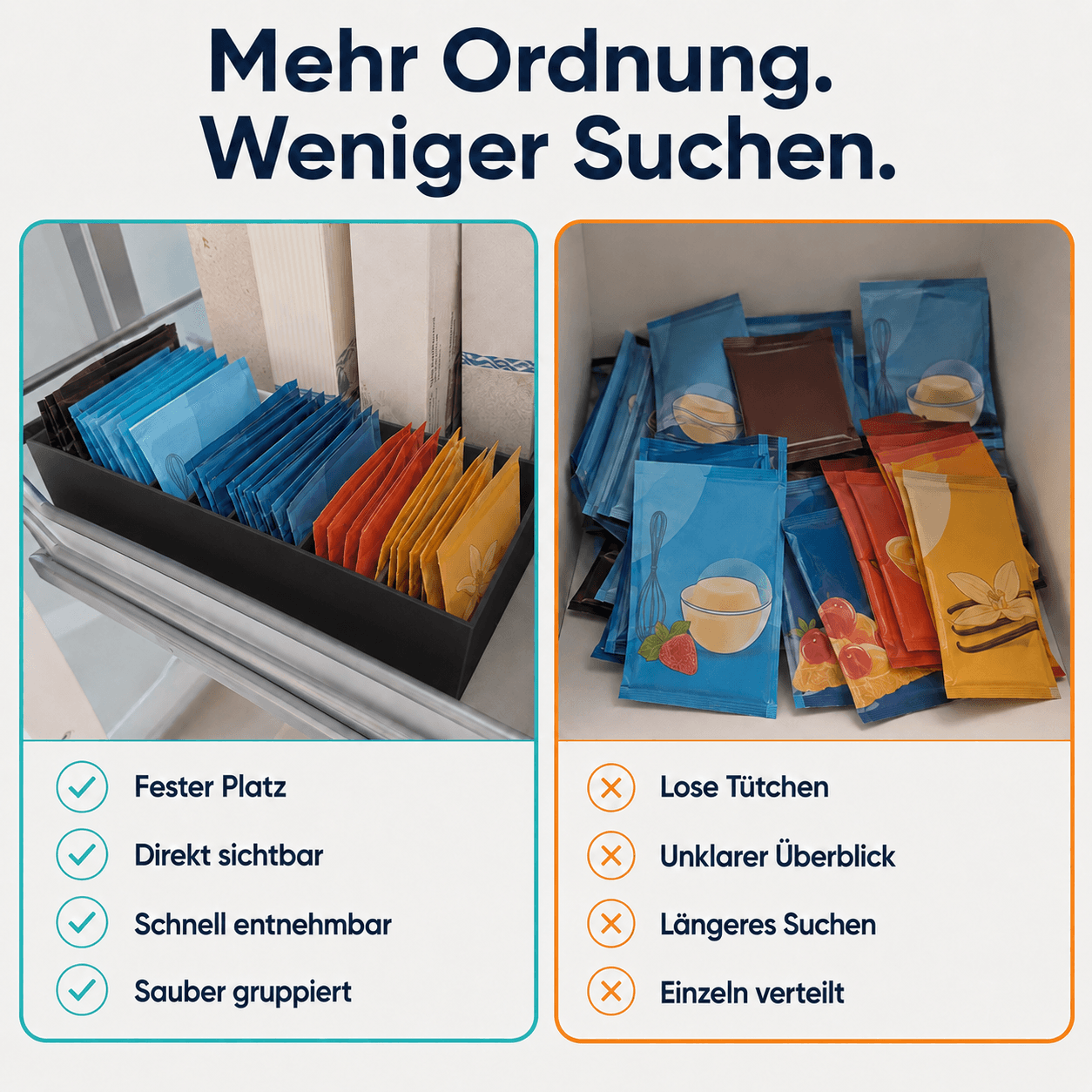 Sortierkasten für Backzutaten-Tütchen Vorher Nacher