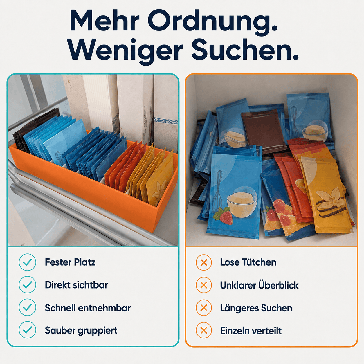 Sortierkasten für Backzutaten-Tütchen Vorher Nachher