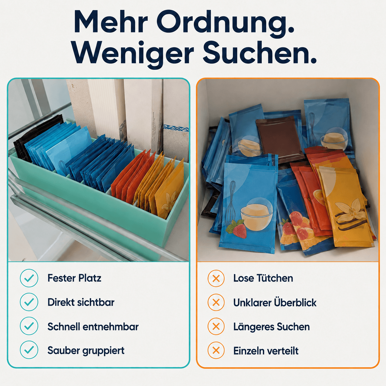 Sortierkasten für Backzutaten-Tütchen Vorher Nacher