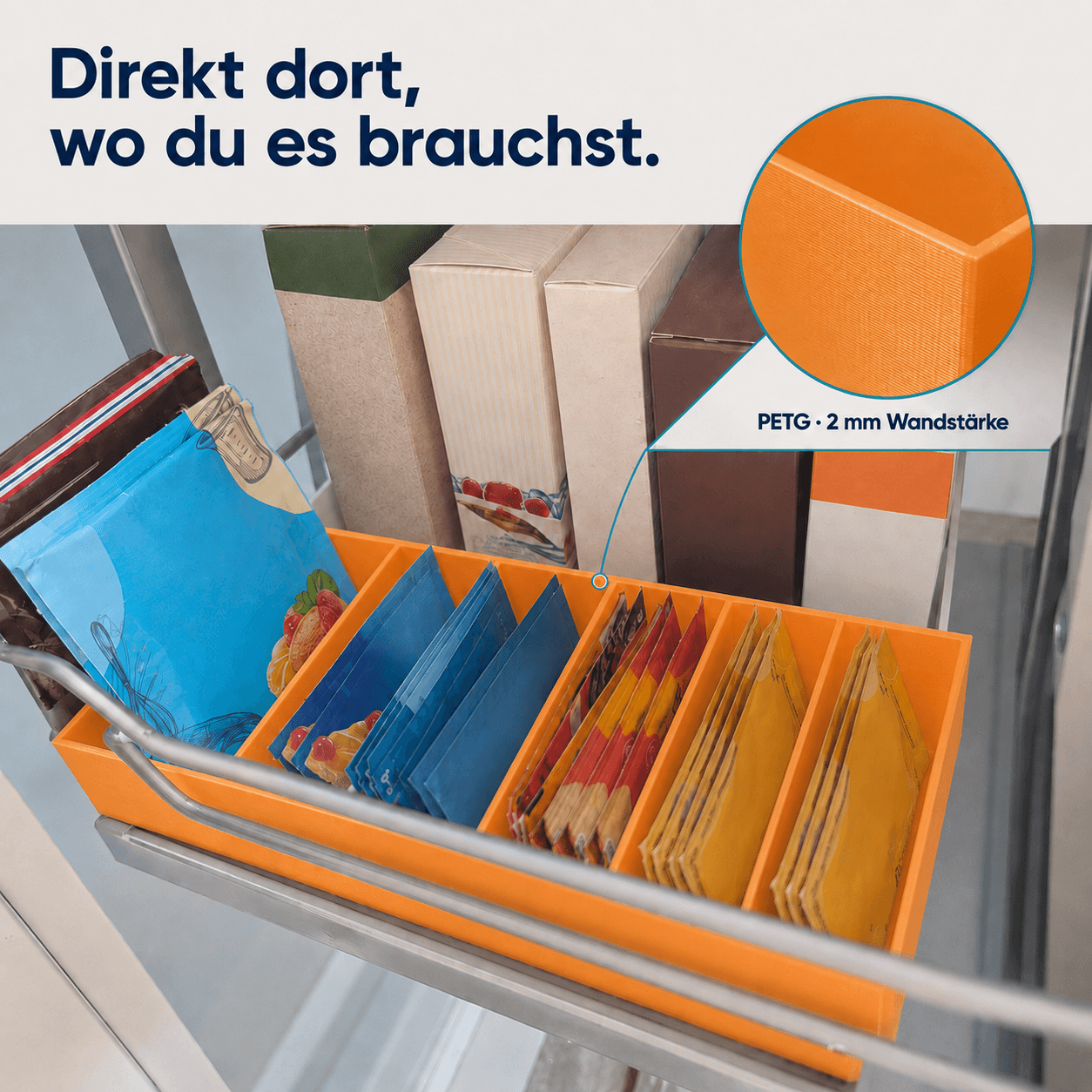Sortierkasten für Backzutaten-Tütchen im Einsatz