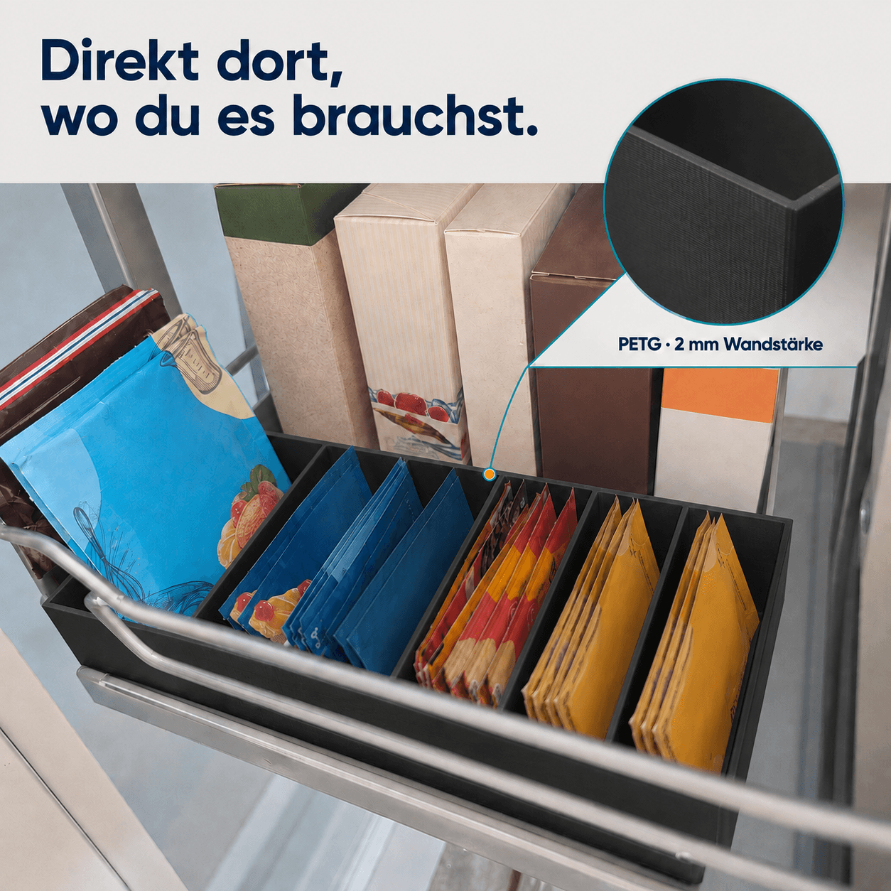 Sortierkasten für Backzutaten-Tütchen im Einsatz