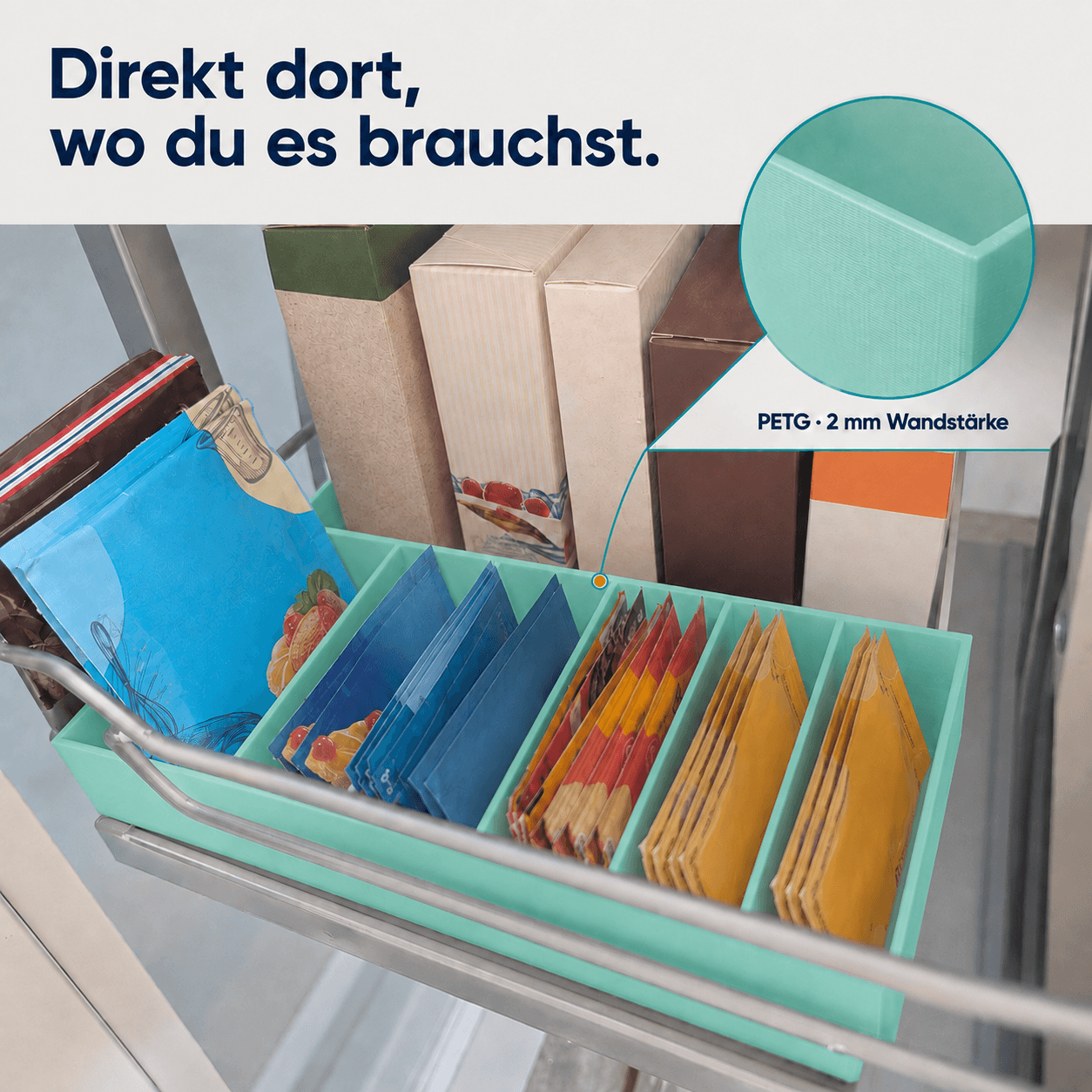 Sortierkasten für Backzutaten-Tütchen im Einsatz