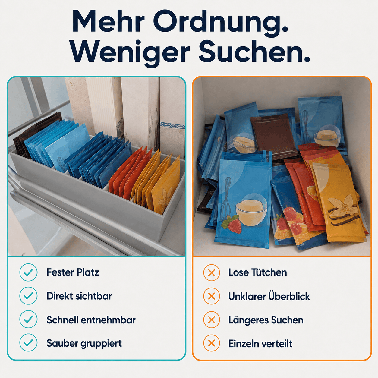 Sortierkasten für Backzutaten-Tütchen Vorher Nacher
